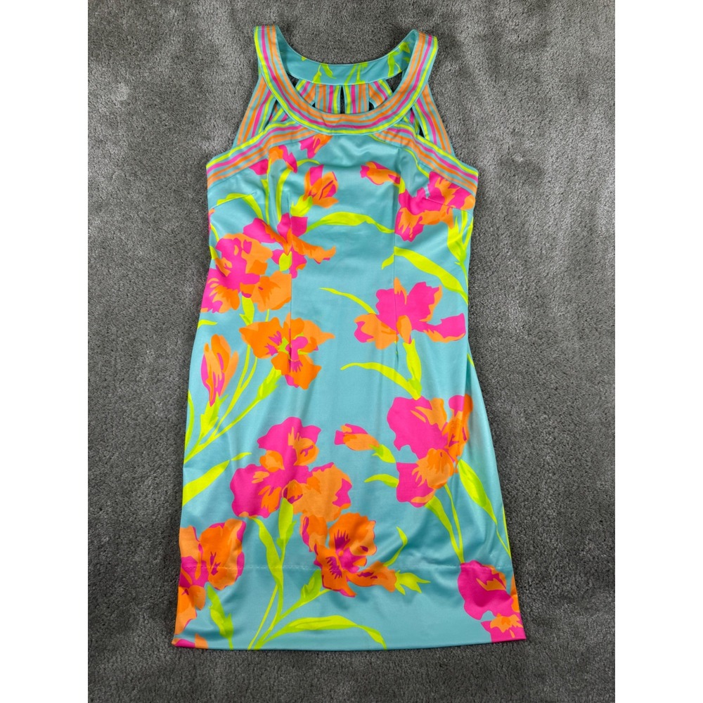 Gretchen Scott Floral Striped Cage Back Shift Dress Turquoise Pink Orange Medium